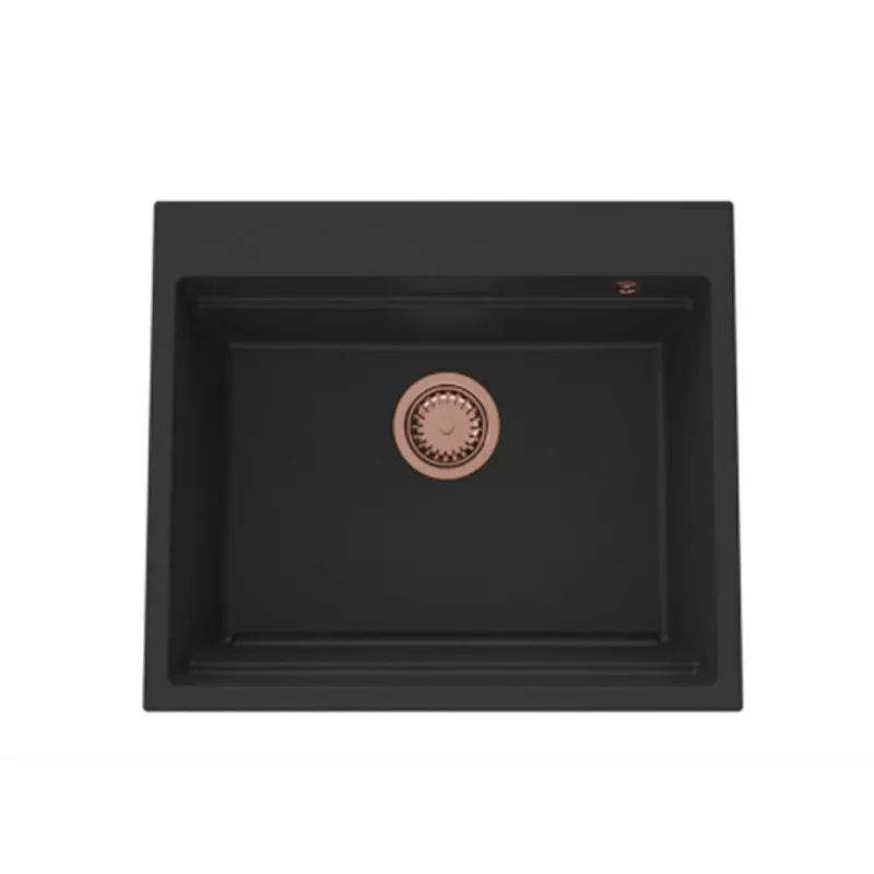 Újdonság GraniteMy Steam gránit mosogató 56x48 cm fekete, felső szerelésű, réz dugóval, tartozékokkal együtt 1208967234
