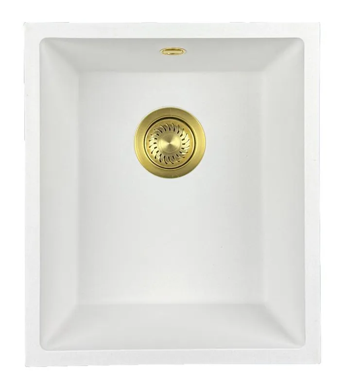 Akciós ár GraniteMy Universele granieten witte spoelbak 34x40 cm fehér felépítmény, aláépíthető és síkba építhető arany dugóval 1208967149