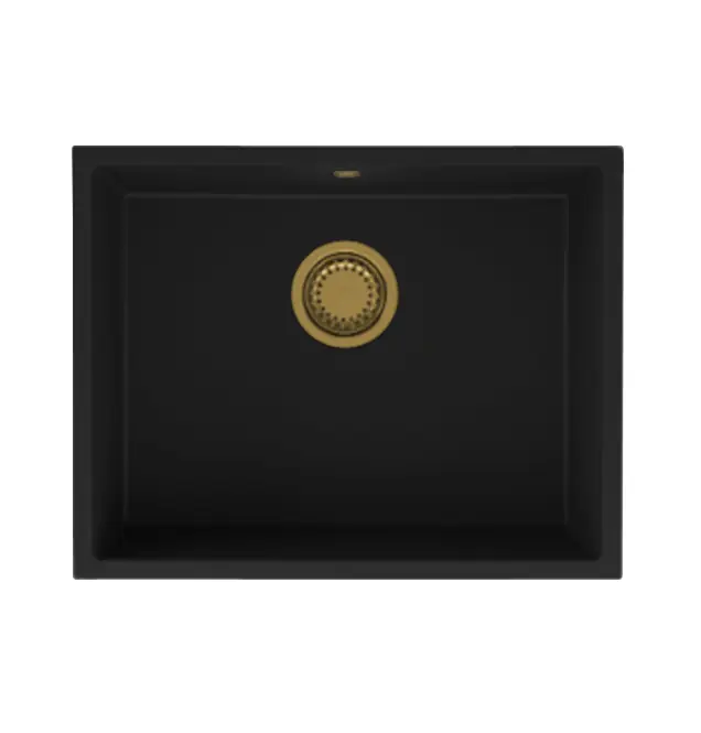 GraniteMy Universele granieten zwarte spoelbak 55x40 cm fekete, felépíthető, aláépíthető és síkba építhető arany dugóval 1208967151 Legkelendőbb