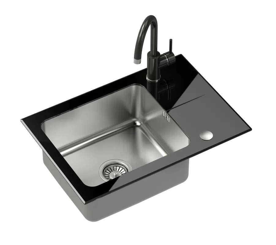Biztonságos vásárlás Quadri Glazz Set met keukenkraan en opbouw rvs spoelbak met zwarte glazen afdruipgedeelte 64x44cm omkeerbaar 1208967493 Quadri Glazz készlet konyhai csapteleppel és beépíthető rozsdamentes a
