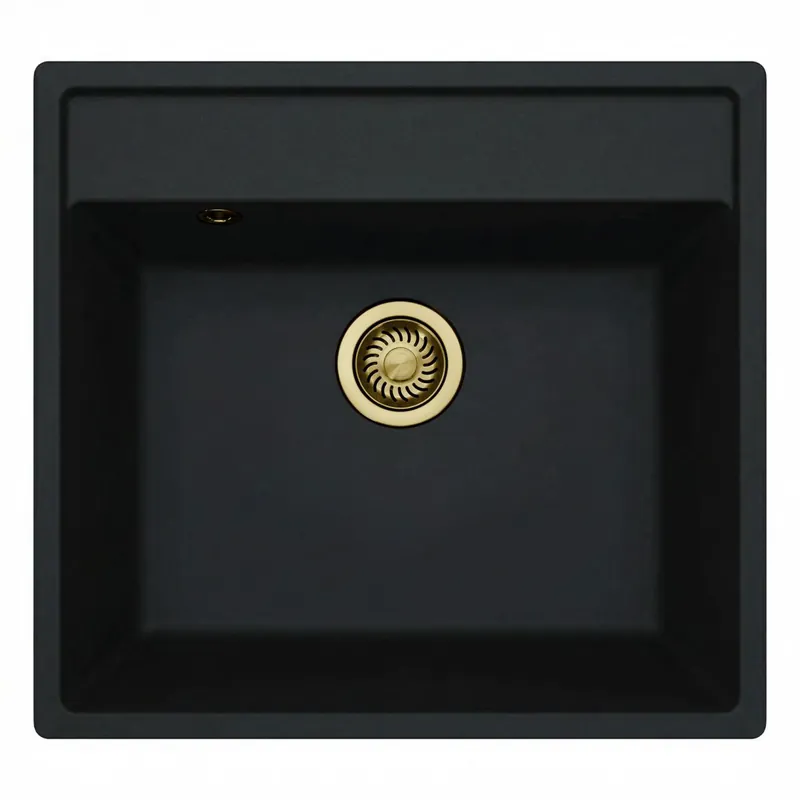 Korlátozott ajánlat GraniteMy Bremen Granit Mosogató 53x50 cm Fekete - Felületre szerelhető, Alulról szerelhető és Síkba építhető csaplyukkal és Arany Dugóval 1208969969