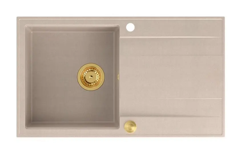 Biztonságos fizetés Quadri Luton pearl beige gránit felépítésű mosogató csapadékvíz-elvezetővel, fordítható 86x50cm arany dugóval 1208971778