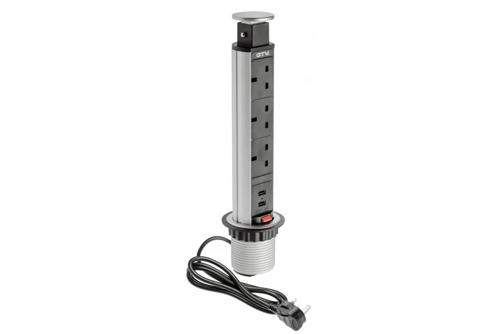 Prémium Asztali mortise hosszabbító kábel 60 mm, 3x UK aljzat, 2xUSB 2,1A 5V (ezüst) ENGLISH VERSION 1208958629