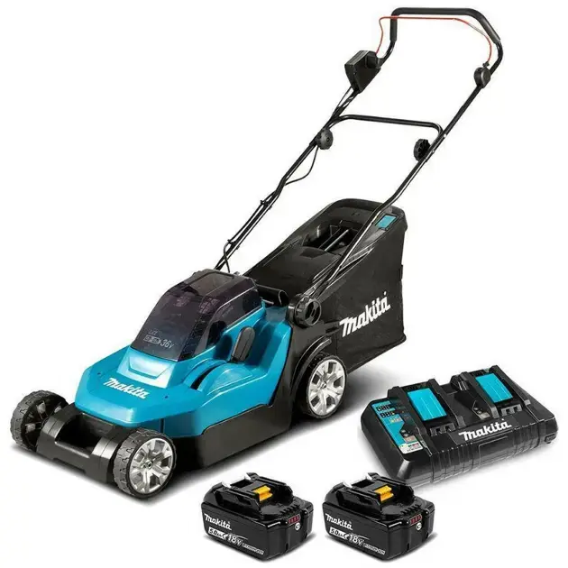 Akció Makita - 18V AKKU fűnyíró, 38 cm hatótávolság, 2x akkumulátor 5,0 Ah LXT, töltő DLM382PT2