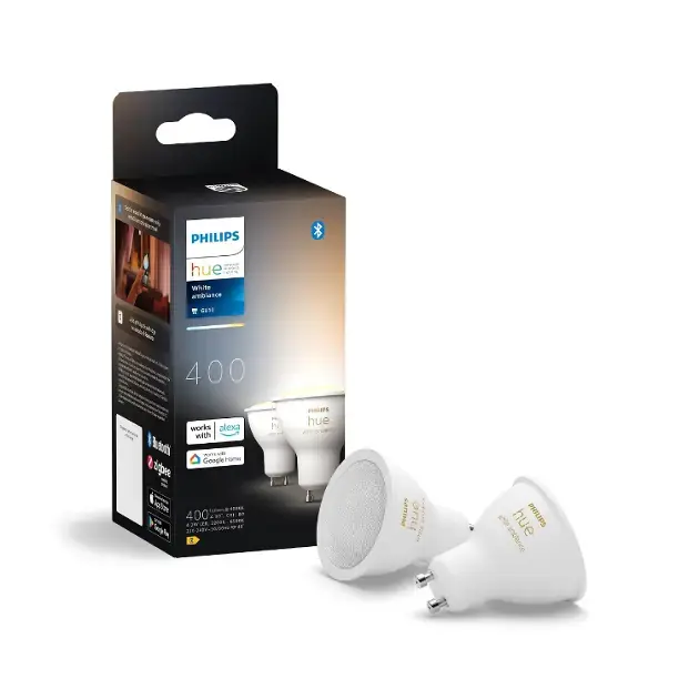 Philips Hue Intelligens izzók - Intelligens LED izzó GU10, 4,2 W, szabályozható, fehér fény, 2 db 929003666702 Akció
